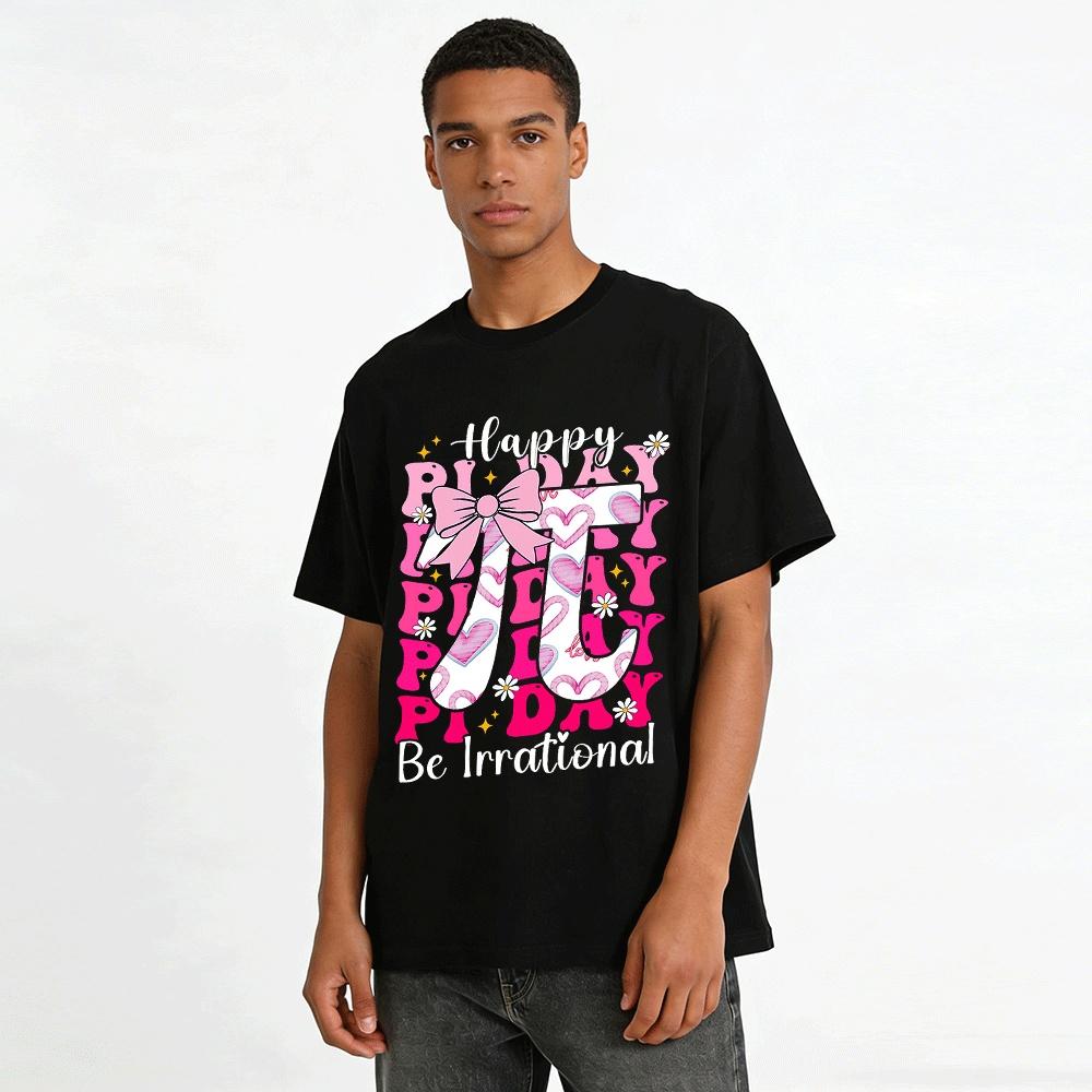 Happy Pi Day Be Irrational Pink Bow Heart Print Casual Tee Pure cotton T-shirt