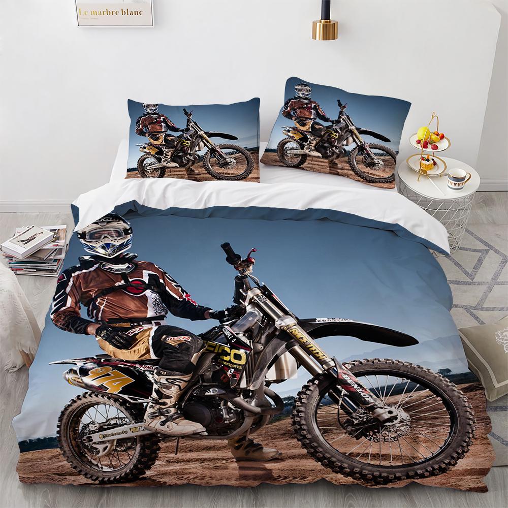 Motocross Gaming Bedding Set,Cross-Country Motorcycle Duvet Cover King Size For Teen Boys, Motorcycle Racing Car Comforter Cove