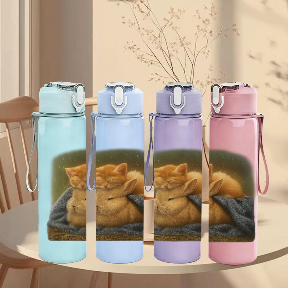 1PC Lazy Cat Cushion Portrait 750ml Color Plastic Sports Water Bottle Leakproof Flip Straw Lid Suitable for Sports Office Home Use