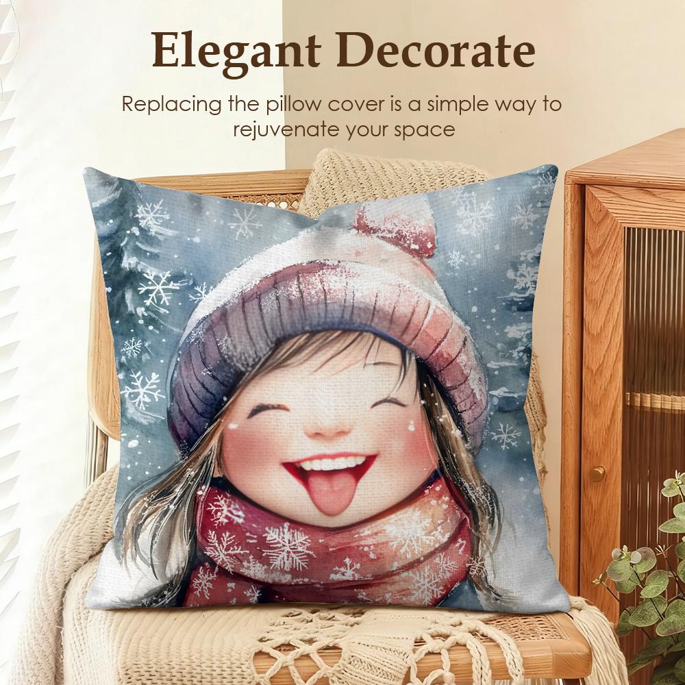 Cute Girl Winter Christmas Cushion Cover Natural Linen Organic Fabric DoubleSided Printing Sofa Home Decor Gift Pillow Case