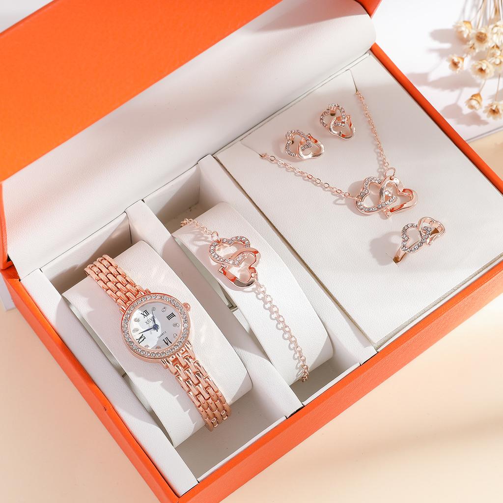 Women Quartz Watch Necklace Ring Jewelry Gift Set Watches Gift Set with Ruby Earrings for Wedding and Party Gift Set