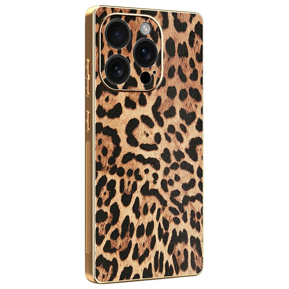 

For iPhone 16 Pro Case Leopard Print PU Leather Coated PC+TPU Electroplating Phone Cover A
