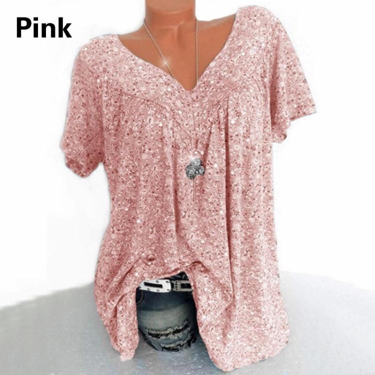 Plus Size Women Summer Casual Loose V Neck Printed Short Sleeve T Shirt Top