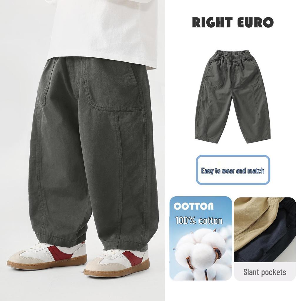 Right European Boys' Pure Cotton Work Pants - 2026 Spring & Autumn Style, Medium & Large Casual Trendy Children's Wear