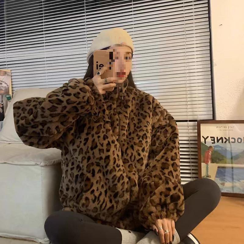 Veste d'hiver à imprimé léopard pour femme, col montant, parkas chaudes, vêtements d'extérieur, automne hiver, manteaux amples en fourrure