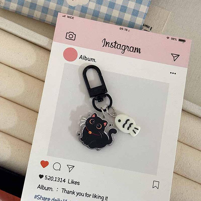 Kawaii Black Cat Little Fish Keychain Cute Cartoon Kitten Acrylic Keyring Couple Key Holder Bag Pendant Hanging Decoration Gifts