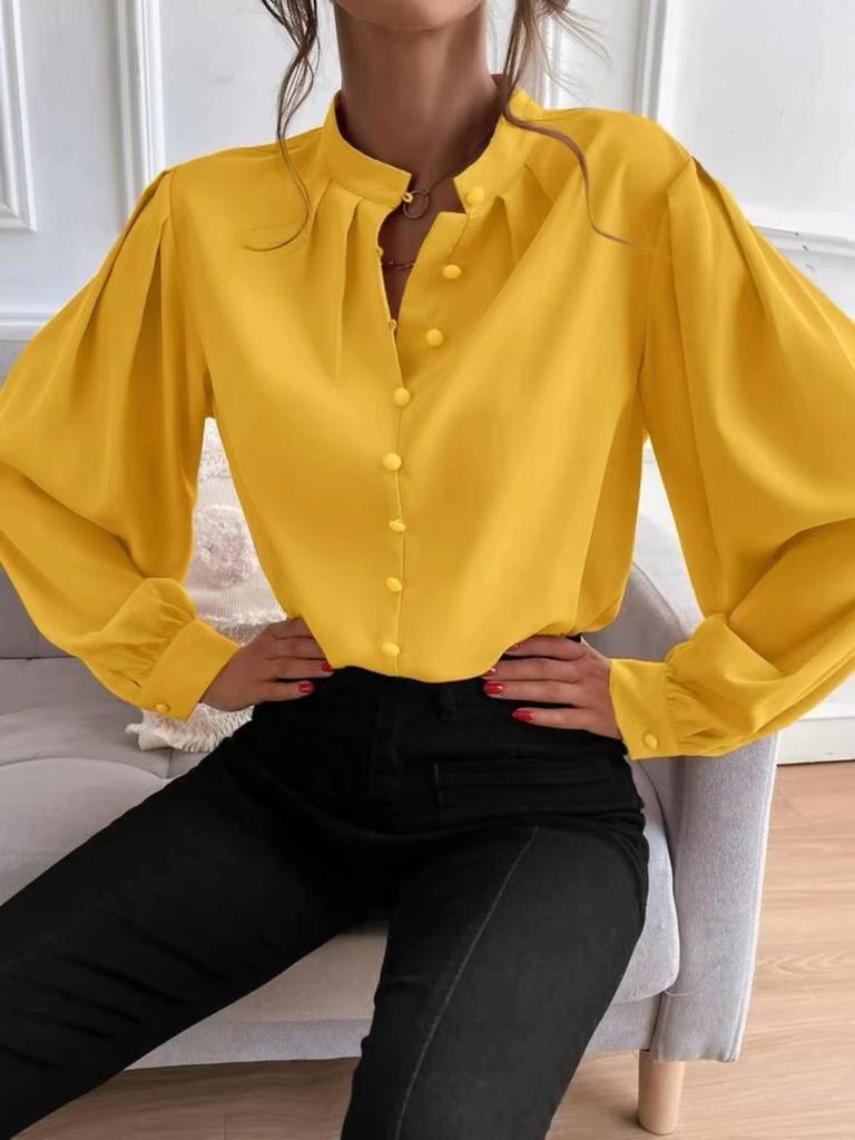 Women's Elegant Solid Color Lapel Shirt - Spring 2024, Long Sleeve, Button-Up, Loose Fit