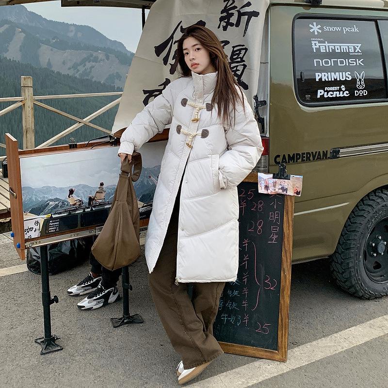 Stand up collar thickened horn buckle cotton jacket for women 2025 new Korean version loose mid-length padded jacket winter jacket