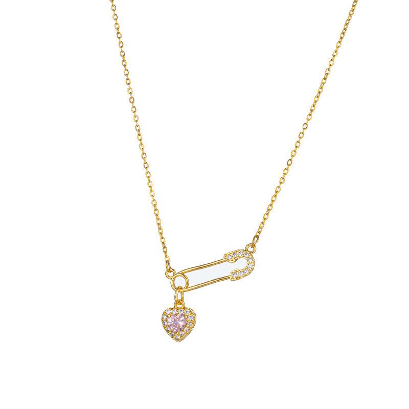 Personality Pin Shape Full Diamond Love Heart Pendant Necklace Light Luxury Titanium Steel Necklace Women's Fashion