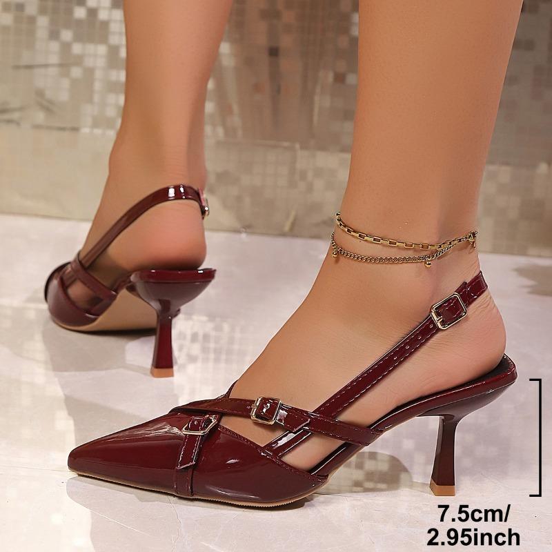 Fashion Baotou Sandals Summer New Pointed Toe Shallow Mouth Back Trip Strap Patent Leather Metal Buckle High Heels
