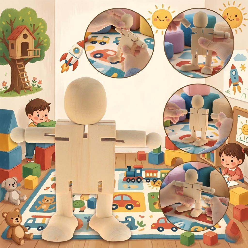 6-Piece Set of Natural Wooden Articulated Figures Unfinished – DIY Wooden Puppet Kit for Painting Crafts and Home Decor Includes 12 Paints  2