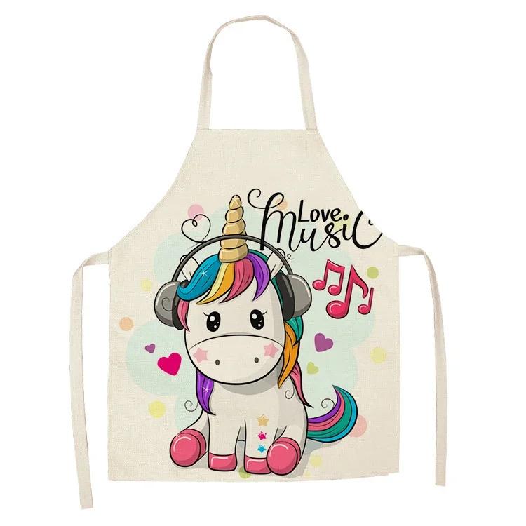 1Pcs Kitchen Apron Cartoon Unicorn Music Printed Cotton Linen Aprons for Women Men Cooking Accessories Delantal Cocina Mujer