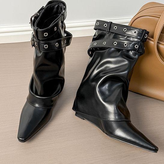 French temperament Spice Girl belt buckle trouser boots women's 2025 new pointed wedge short boots white medium tube knight boots