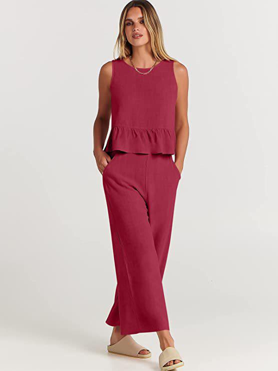 2025 Summer Women's Sleeveless Ruched Vest & Wide-Leg Cropped Pants Set