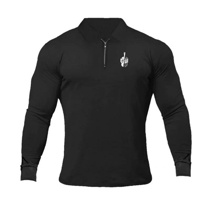 Muscleguys Herren Langarm Poloshirts Reißverschluss Umlegekragen Herbst Bodybuilding Fitness Tops Slim Fit