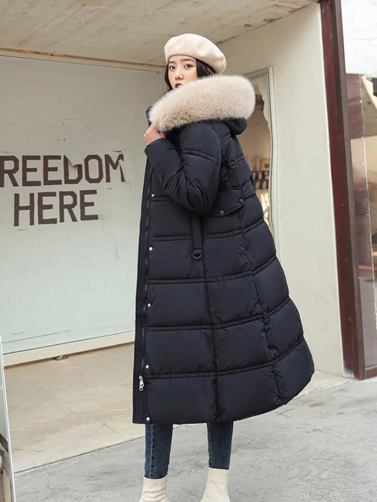 2024 Autumn Winter New Down Cotton Parkas Jacket Women's X-Long Faux Fur Collar Padded Jacket Thick Loose Large Size Padded Jacket