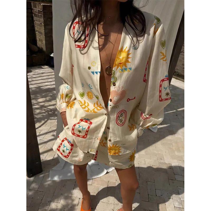 Printed Long Sleeve Shirt Shorts Set Print Long Sleeves Shirt Shorts Suit