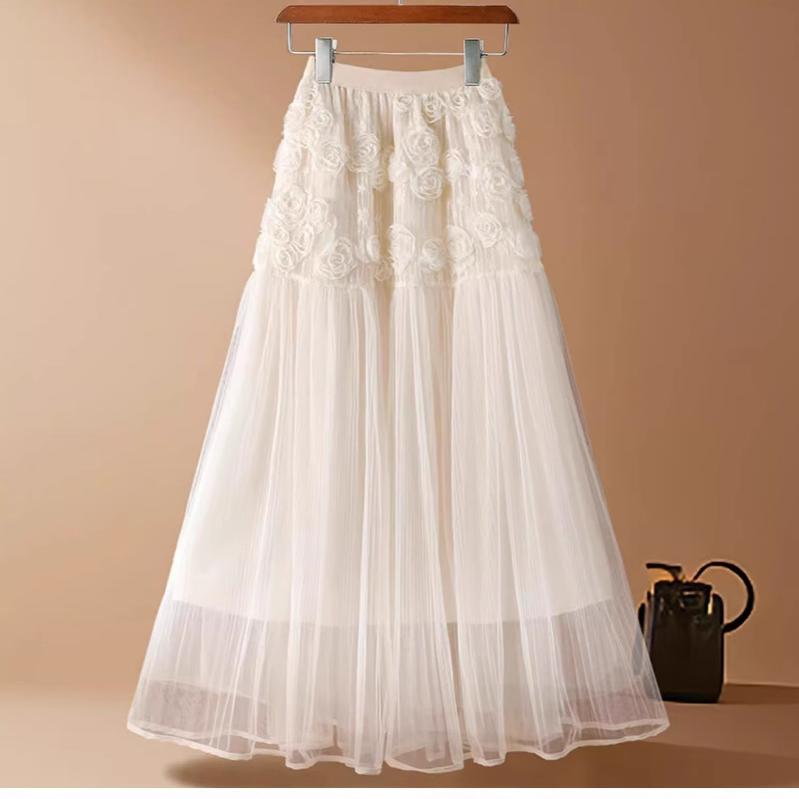 

Qooth 3D Цветочная Тюлевая Юбка Женская Миди Длины Юбка-пачка Элегантная А-силуэта Макси-юбка Простая Повседневная QT2596 One Size белый