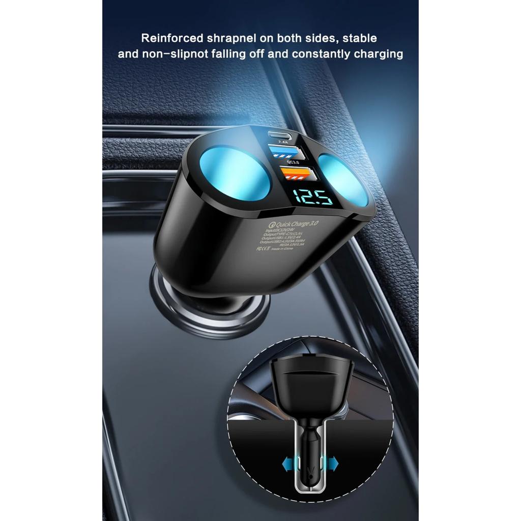 120-240W PD QC3.0 Car Fast Charger Adapter Car Socket Splitter Digital Display Power Adapter for All Phone