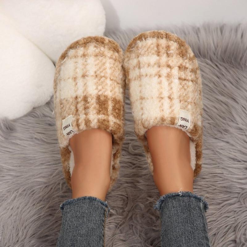 Retro Checkered Cotton Shoes, New Indoor Soft-soled Warm Slippers for Women