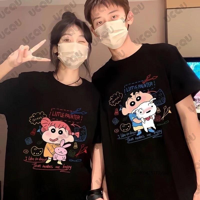 MINISO Summer Cute Cartoon Crayon Shin-chan & Sakurada Nini Print Couple T-shirt For Men Women Cotton Tees Casual Fashion Tops