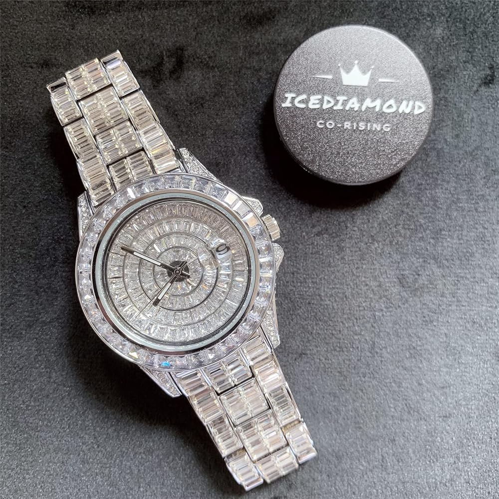 Icediamond Men's 42mm Gold Plated Quartz Watch with Baguette CZ Diamonds, Round Dial, and Zirconia Stones