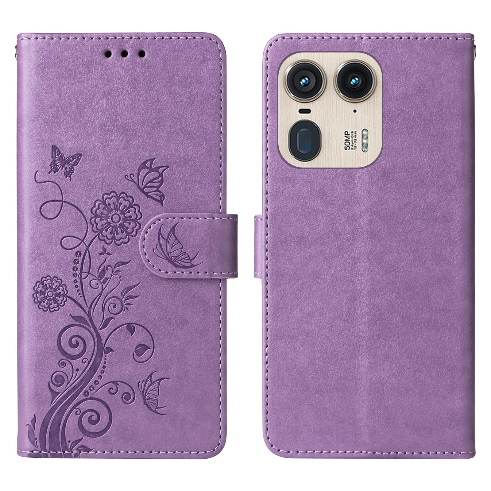 

For Motorola Edge 50 Ultra 5G/Moto X50 Ultra 5G Case Butterfly Floral Imprint Wallet Stand Leather Phone Cover Purple