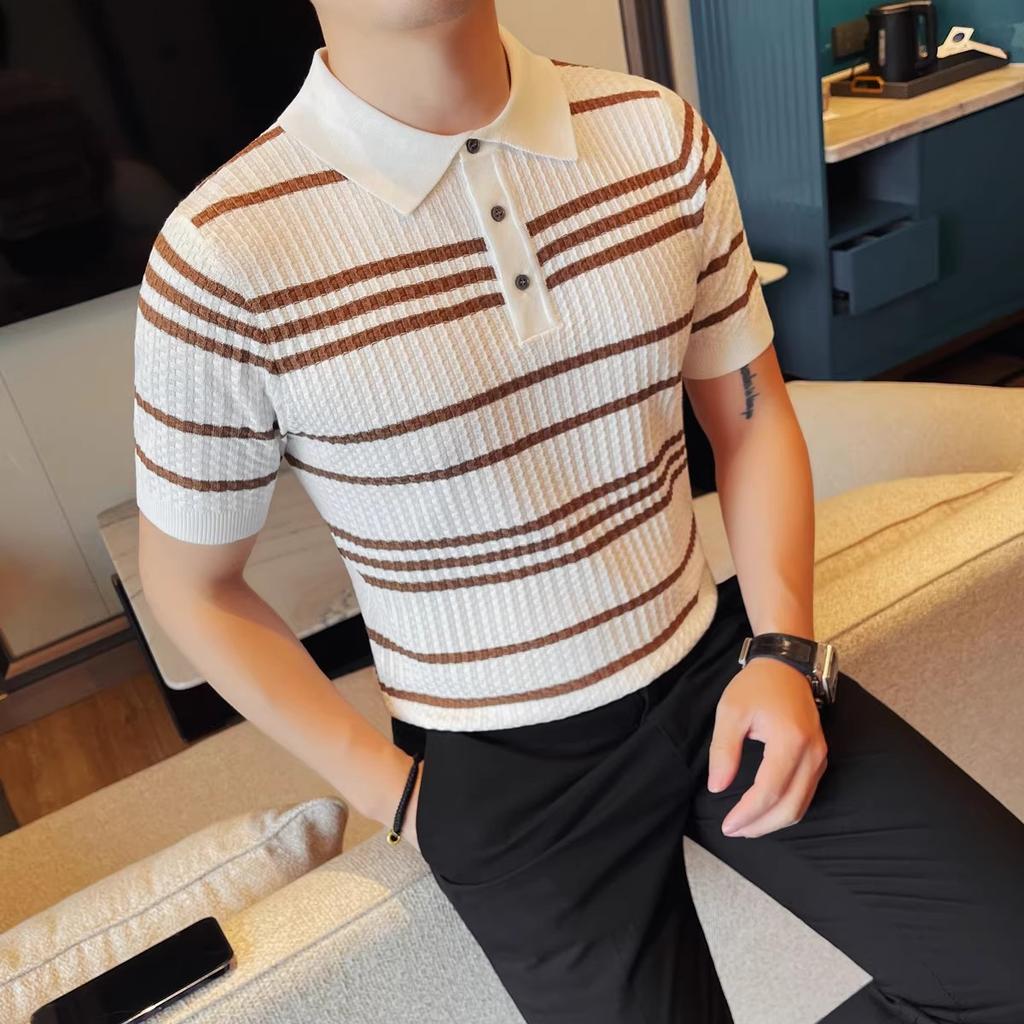 Summer Men's Knit Polos Fashion Striped Turn Down Collar Short Sleeve Polo Shirts