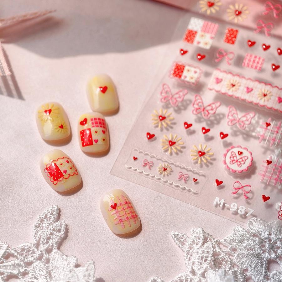 TENSOR M-987 Embossed Jelly Series Gold Advanced Pink Bow Nail Stickers