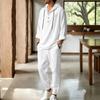 Men's Linen Hooded Two-Piece Set: Half-Zip Long Sleeve Shirt and Jogger Pants for Beach Vacation