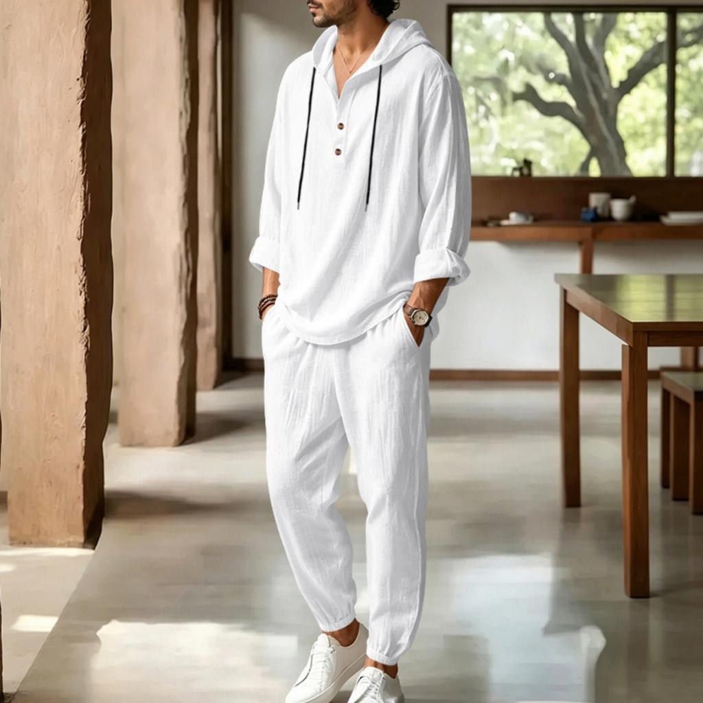Men's Linen Hooded Two-Piece Set: Half-Zip Long Sleeve Shirt and Jogger Pants for Beach Vacation