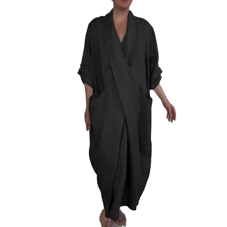 Maxikleid für Frühling und Herbst, Robe, Baggy, Kreuz, V-Ausschnitt, einfarbig, große Tasche, Retro-A-Linie, Bohemian-Maxikleid, lässig, Party, Reisen L schwarz