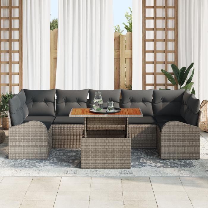 VidaXL Ensemble de salle à manger de jardin en 8 pièces avec coussins en poly rattan gris et acacia 3349551