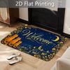 1pc, 2D Flat Printing, Deep Blue Night Sky Town 3 Orange Cats Moon Floral Welcome Art Text Print Door Mat, Flannel Material, Sponge Thickness 1.02cm,