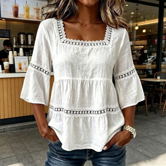Top da Donna Scollo Quadrato Maniche 3/4 Colore Unito Vestibilità Larga Morbido Elastico Camicetta Design con Intreccio di Pizzo Top Casual per Uso Quotidiano