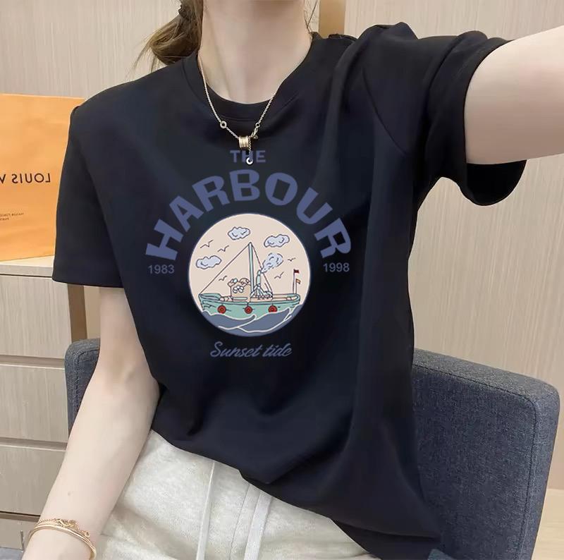 

Cotton short-sleeved t-shirt women s thin summer trendy loose front shoulder round neck half-sleeved women s t-shirt top versatile 3XL