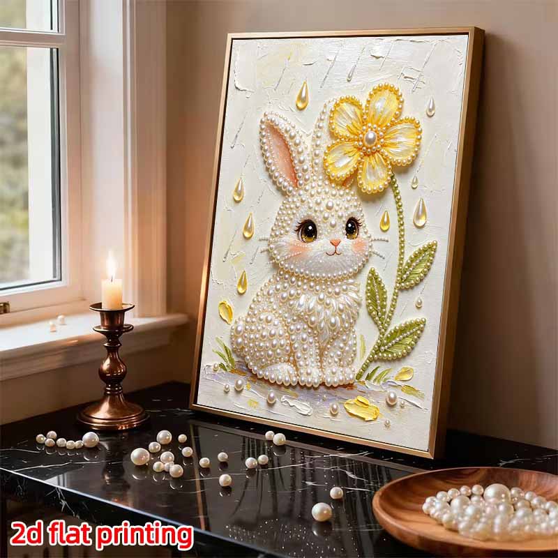 DIY Frameless Pearl Painting Kit Cute Bunny Flower 3D Shiny Bead Art Canvas Relaxing Creative Craft for Home Wall Decor Gift