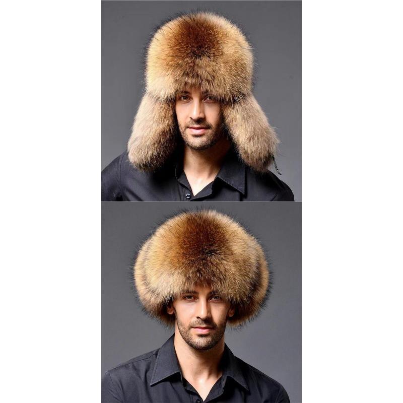 Fox hair Lei Feng hat, men's winter thickened fur cycling warm windproof ear protection hat, ski hat Russian outdoor