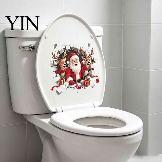 Adesivos de Natal Impermeáveis 3D Rompimento de Parede Papai Noel Rena Adesivo de Banheiro, Adesivo Autoadesivo para Acessórios de Banheiro, Decoração de Tampa para Casa