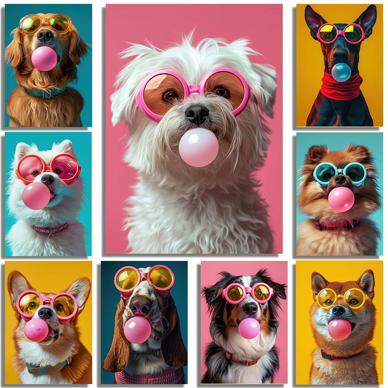 Fun And Funny Cute Dog Wearing Glasses And Blowing Bubblesr Art Poster Canvas Prints Mural Living Room Bedroom Home Decoration
