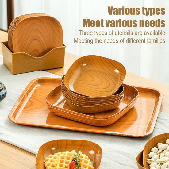 Bone Spitting Dish Imitation Wood Grain Serving Trays Japanese-Style Plastic Fruit Bowl Stackable Salad Tray Kitchen Organizer