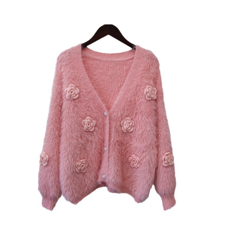 2025 autumn and winter new Korean version loose three-dimensional flower imitation mink fleece sweater jacket women's soft waxy knitted cardigan tide