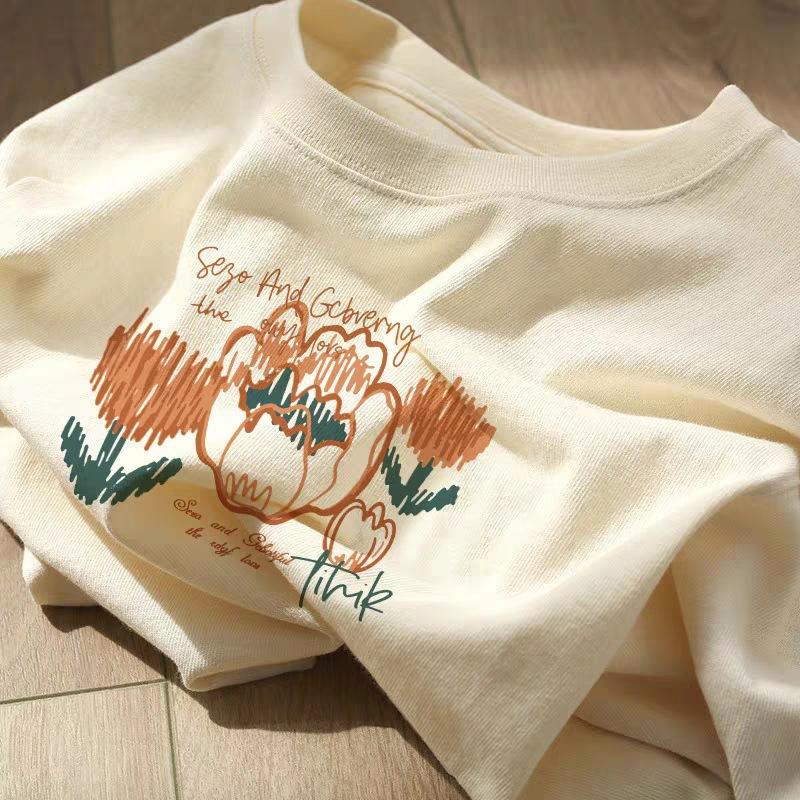 

Cotton short-sleeved t-shirt women s summer 2026 new design niche loose large size thin small top 3XL абрикосовий
