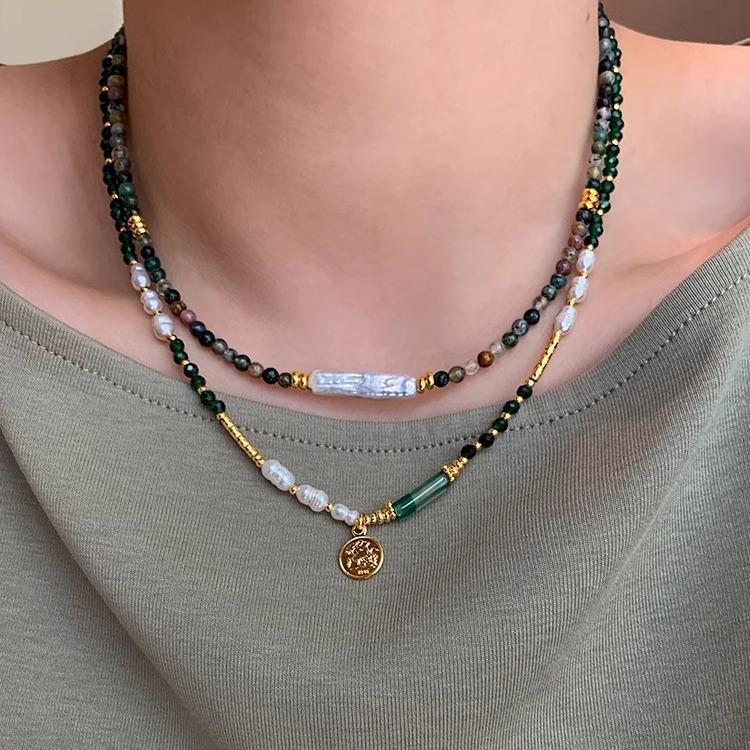 Baroque Small Silver Bar Freshwater Pearl Necklace Temperament Fashion Indian Agate Green Crystal Beaded Necklace Women