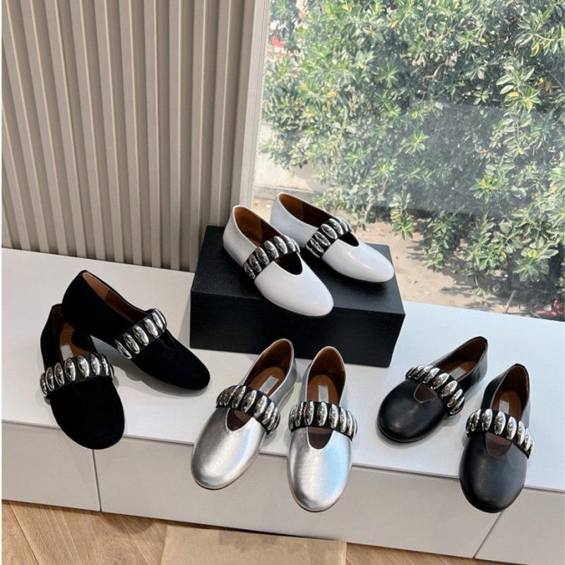 Spring Metal Buckle Elastic Band Ballet Shoes Women's Retro Leather Flat Bottom One Pedal Mary Jane Single Shoes