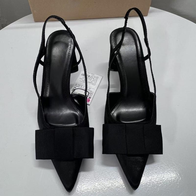 Fashion Vintage Black Women High Heeled Shoes Pointed Toe Shallow Fashion Bow-Knot Slingbacks Elegant Brand Designer Office Lady Pumps