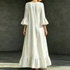 Women's Casual Color Cotton Linen V-Neck Three-Quarter Sleeve Dress with Pockets Loose Fit