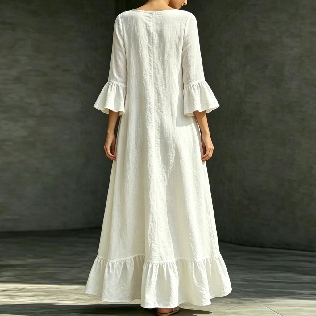 Women's Casual Color Cotton Linen V-Neck Three-Quarter Sleeve Dress with Pockets Loose Fit