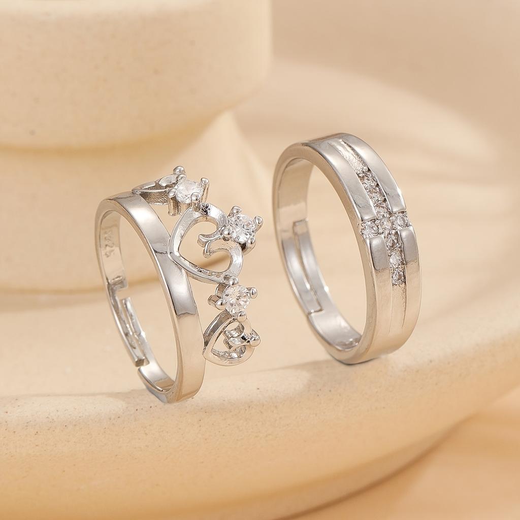 Two Couple Hollow Crown Heart Cubic Zirconia Rings Fashionable Birthday Wedding Valentine's Day Gift Copper Material Adjustable Ring