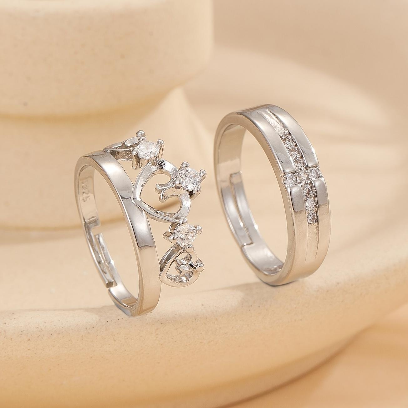 Two Couple Hollow Crown Heart Cubic Zirconia Rings Fashionable Birthday Wedding Valentine s Day Gift Copper Material Adjustable Ring